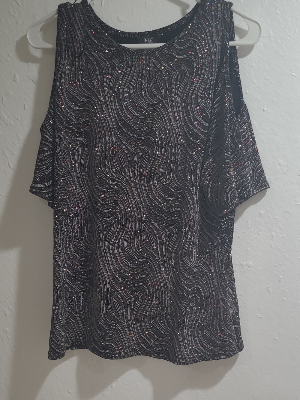 F&F Black Sparkle Wave Cold-Shoulder Top with Multicolor Shimmer